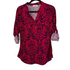 Nandashe Slinky Knit Top size Medium Pink Blue Floral Roll Sleeves 1/4 Button